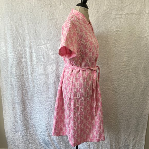 Vintage 60’s Retro Pink & White Floral Circle Pattern Abstract Belted Midi Dress - Picture 5 of 7